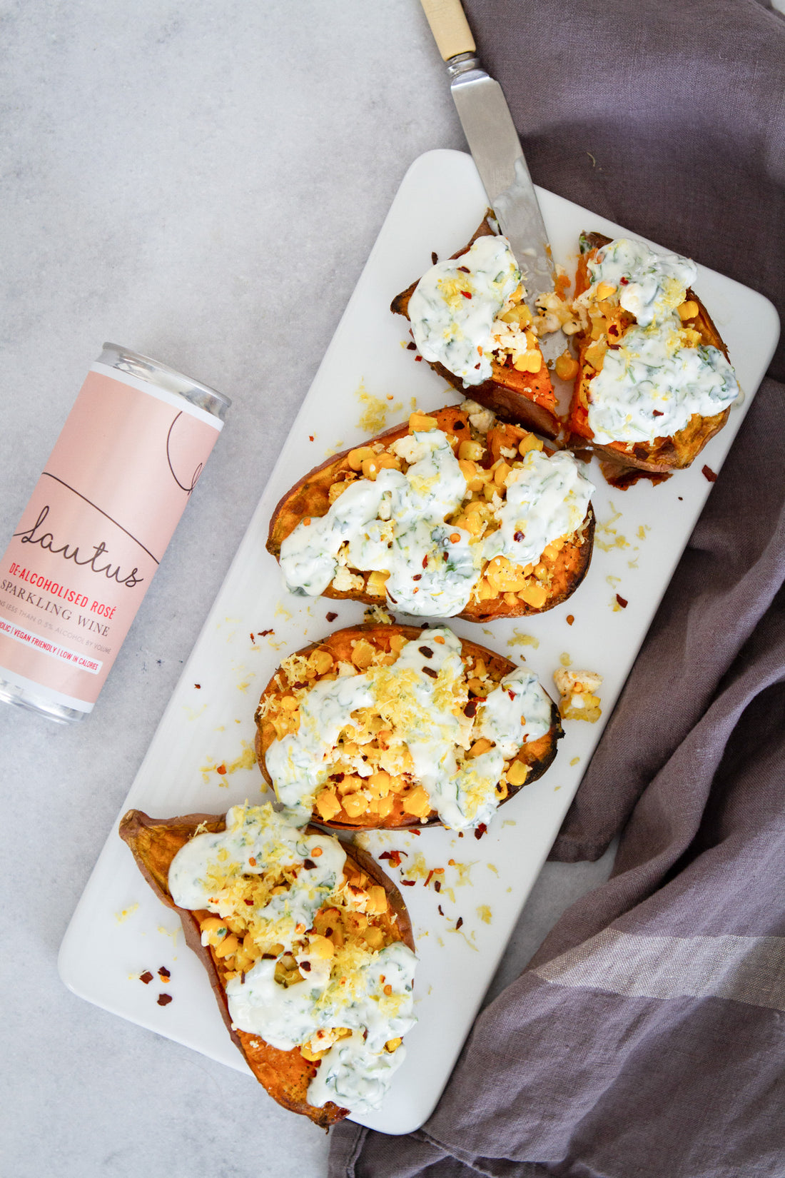 Sparkling Rose with Roasted sweet potato with corn, feta and cilantro yogurt dressing