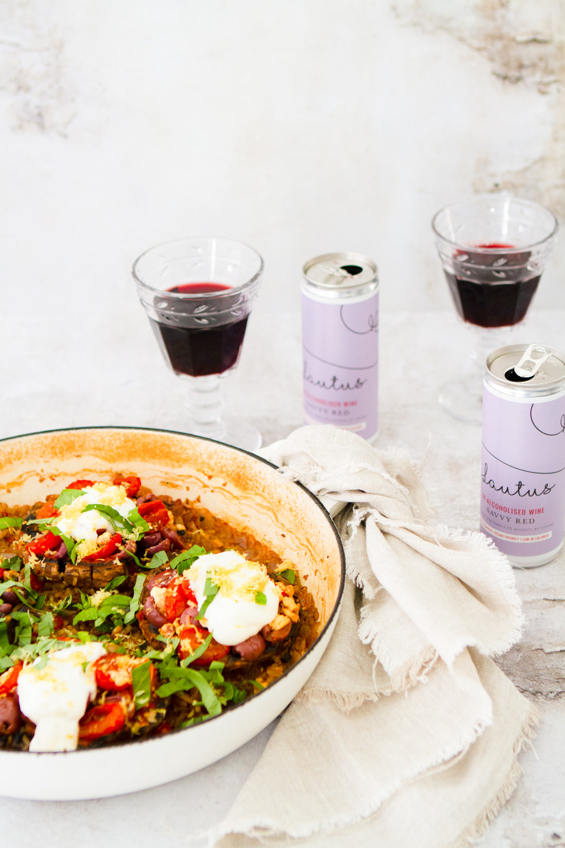 Savvy Red with Mushrooms on rice with olives, chili, basil, feta and harissa